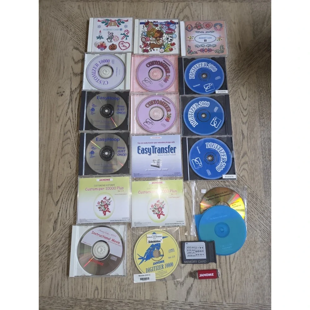 Janome Software Memory Cards Lot Of 20 JANOME Items Customizer Digitizer Vintage